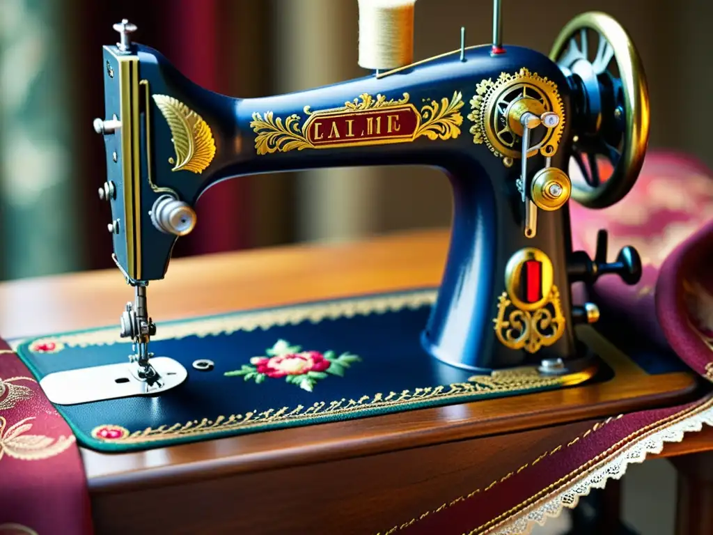 Una máquina de coser vintage crea patrones textiles con elegancia atemporal en tonos vibrantes de rojo, azul y dorado