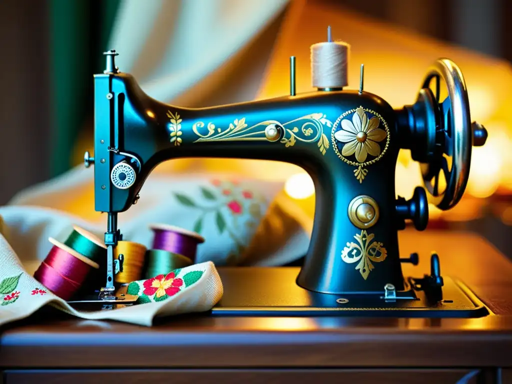 Máquina de coser vintage: arte y tradición en alta resolución Una máquina de coser vintage rodeada de hilos de colores y tela delicada, evocando un ambiente nostálgico y atemporal en un taller de creación de patrones para estudiantes de secundaria