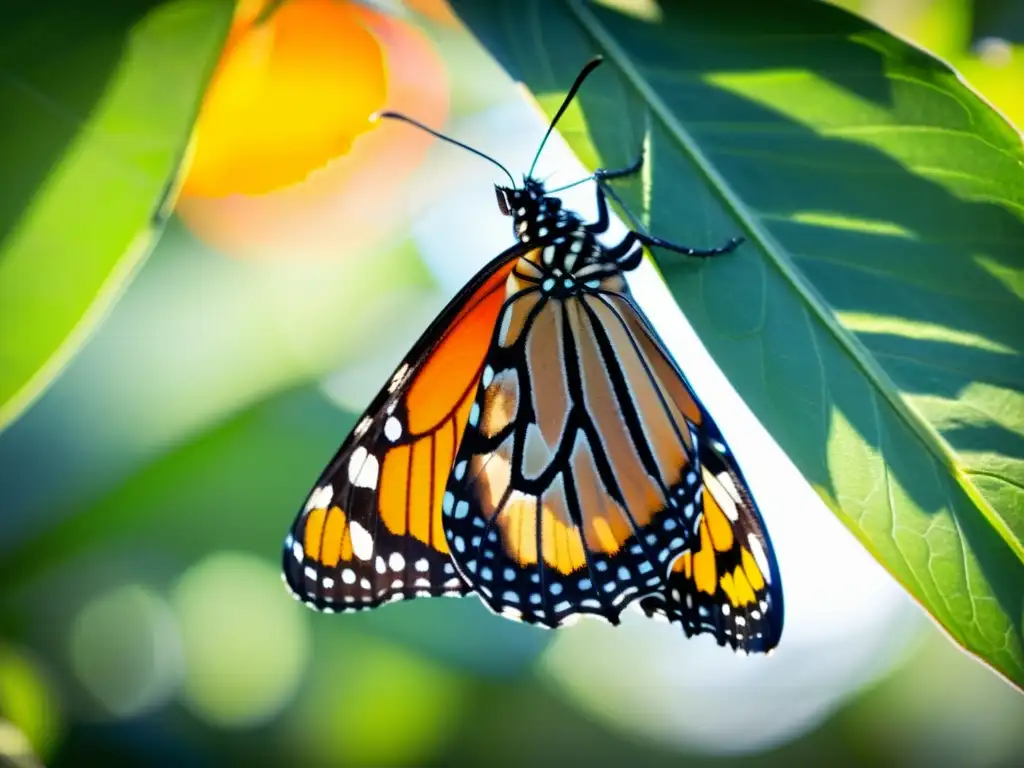 Una mariposa Monarca emerge de su crisálida con detalles vibrantes y alas delicadas, evocando belleza y transformación