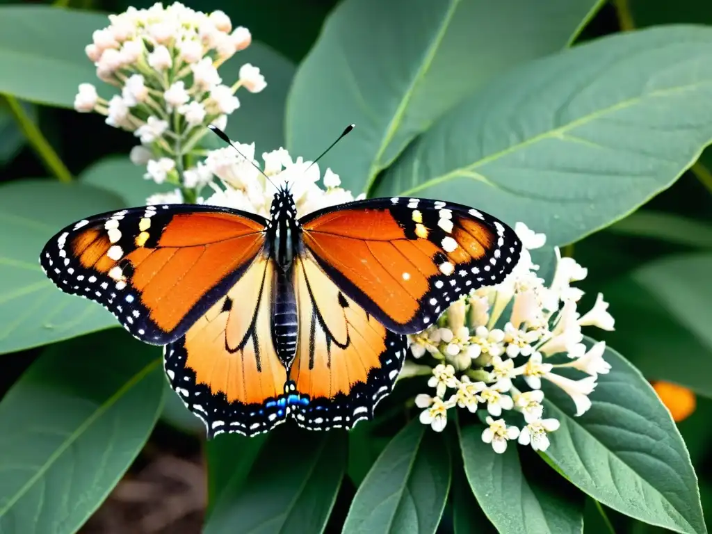 Una mariposa Monarca descansa delicadamente en una flor de algodoncillo, mostrando sus patrones intrincados