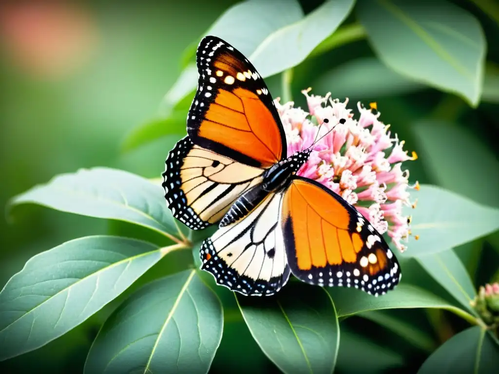 Una mariposa Monarca descansa en una flor rosa, destacando sus detalles y el significado simbólico de las mariposas Monarca