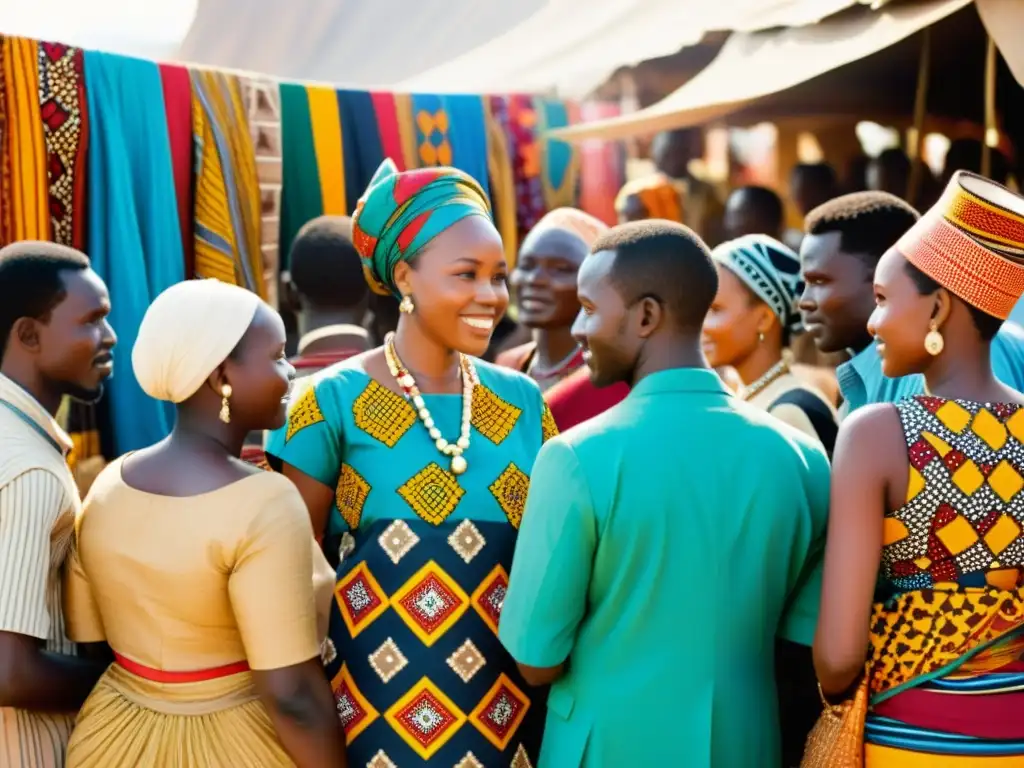 Mercado Africano: Colores y Texturas Tradicionales Un mercado africano bullicioso, lleno de colores y patrones vibrantes en la vestimenta tradicional