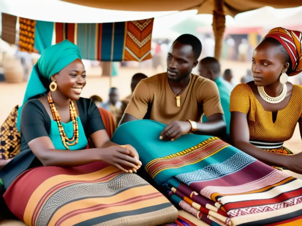 Un mercado africano bullicioso con tejidos africanos adaptados a tendencias, reflejando la rica herencia cultural