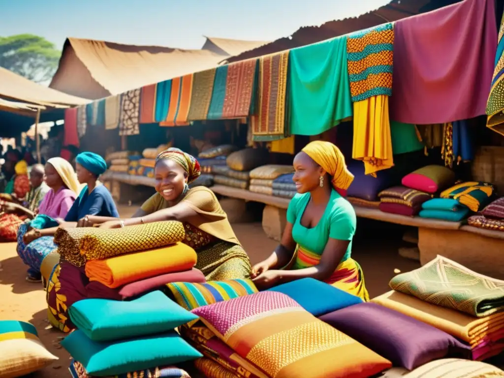 Mercado africano con tejidos vibrantes y mujeres en trajes tradicionales vendiendo telas