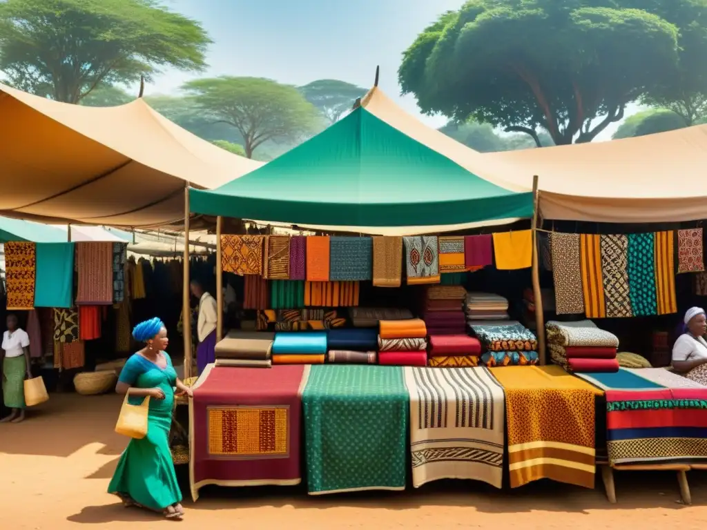 Mercado africano de telas con colores vibrantes y mujeres vendiendo textiles