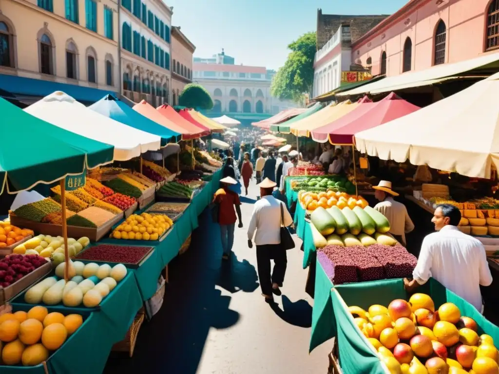 Un mercado al aire libre bullicioso con vendedores de frutas, especias y platos tradicionales