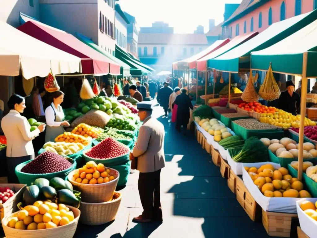 Un mercado al aire libre bullicioso, lleno de frutas, verduras y especias vibrantes de todo el mundo