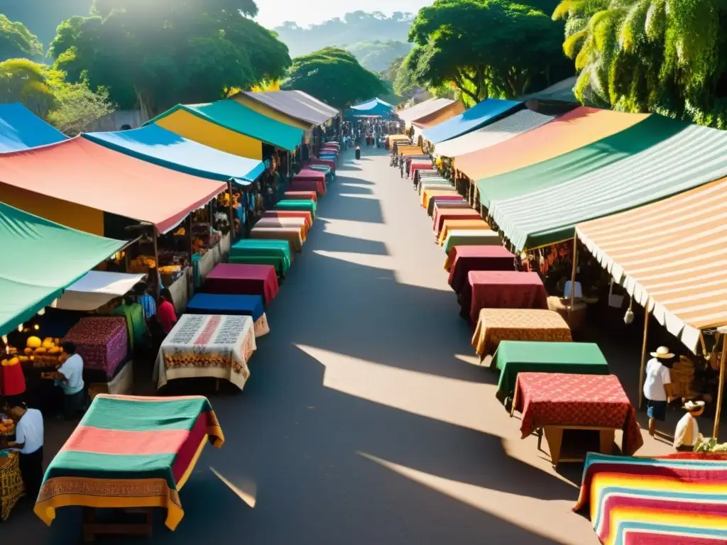 Un mercado de artesanías bullicioso en América Latina con textiles artísticos atractivos para turistas, bañado por el cálido sol y la historia