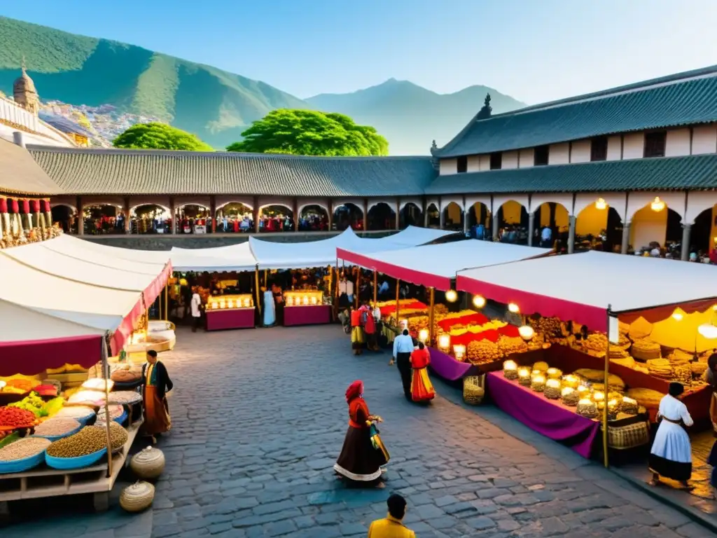 Un mercado bullicioso en una ciudad histórica, con vendedores ofreciendo artesanías bajo toldos coloridos