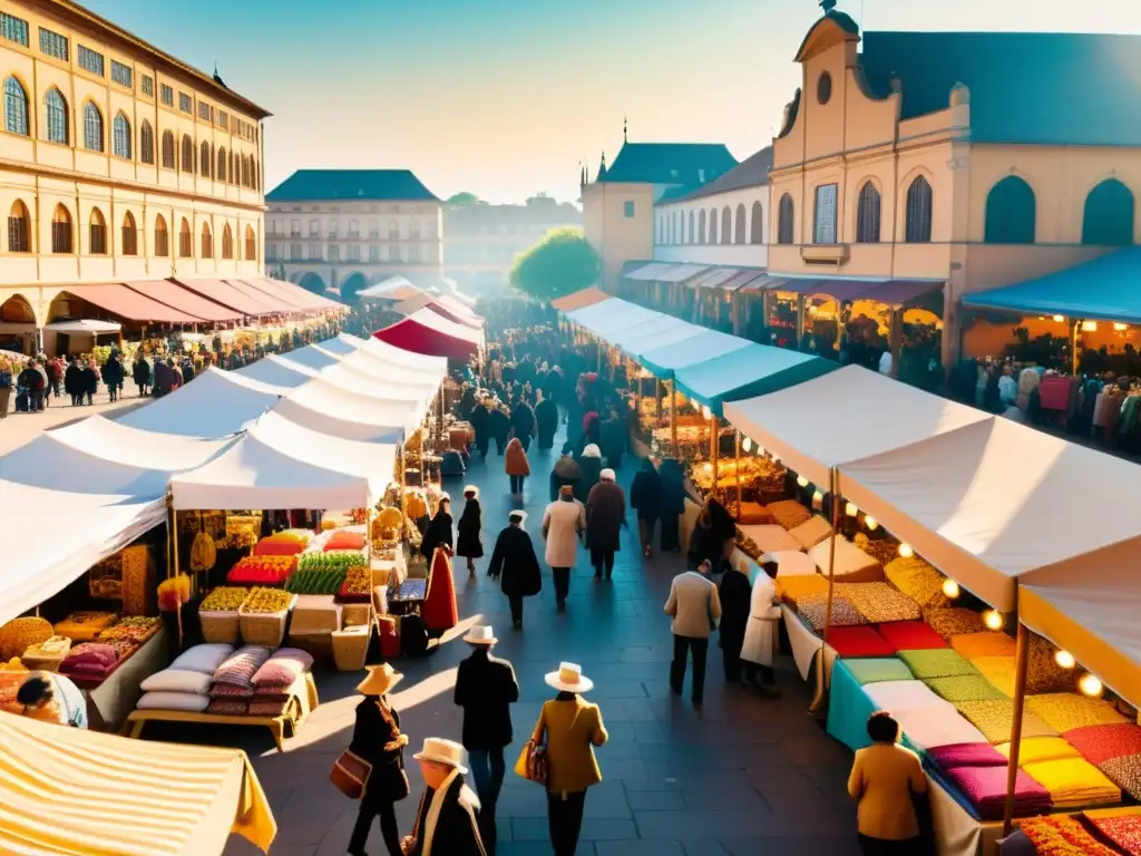 Un mercado bullicioso y colorido, con textiles vibrantes de diferentes culturas