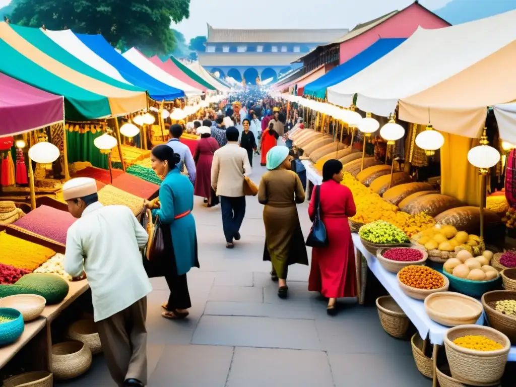 Un mercado bullicioso lleno de puestos coloridos y vendedores vendiendo artesanías y productos culturales, con personas de diversas procedencias