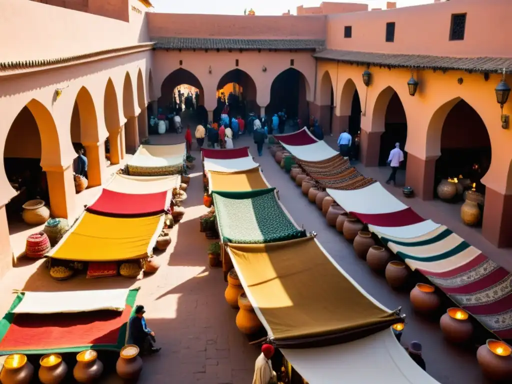 Mercado bullicioso en Marrakech con patrones artísticos y colores vibrantes, creando una atmósfera de energía y tradiciones ancestrales