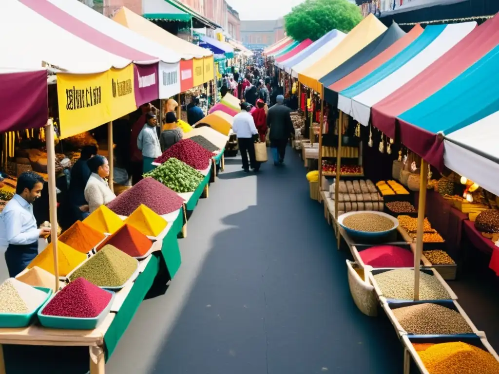 Un mercado bullicioso con personas de diversas culturas, productos del mundo