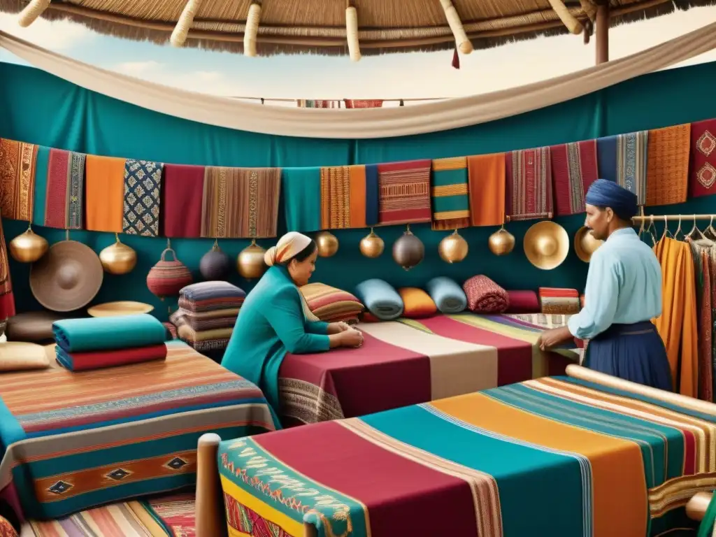 Mercado bullicioso con textiles tradicionales de todo el mundo, influencia en el comercio y la artesanía