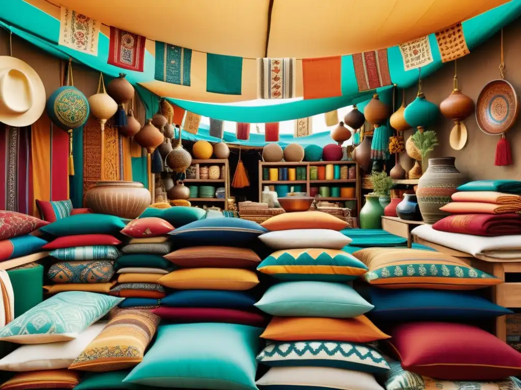 Mercado artesanal: Tradición y creatividad en textiles vibrantes Un mercado bullicioso con textiles vibrantes y artesanías tradicionales