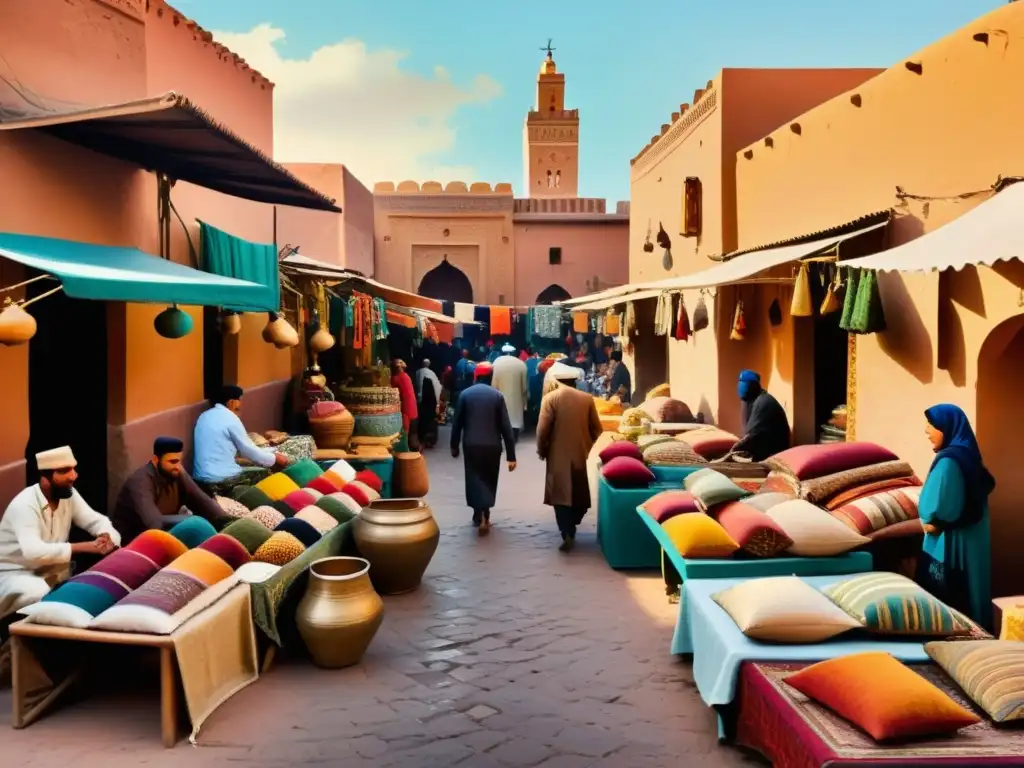 Un mercado bullicioso en Marrakech, Marruecos, con textiles vibrantes y cerámica intrincada