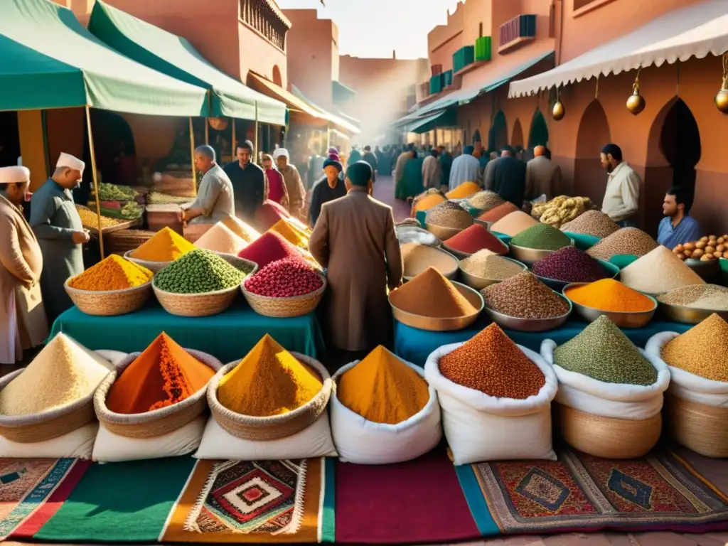 Un mercado culinario marroquí bullicioso con patrones vibrantes y especias coloridas en alfombras intrincadas