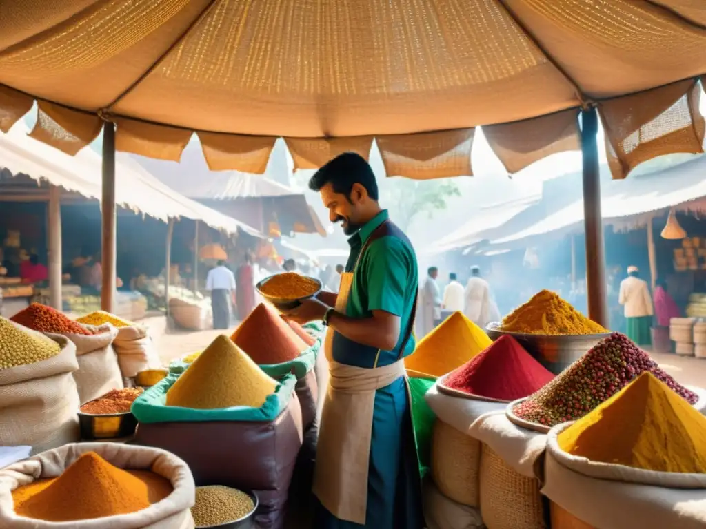 Un mercado de especias en la India muestra Patrones en las especias indias, colores vibrantes y una escena tradicional llena de historia y sabor