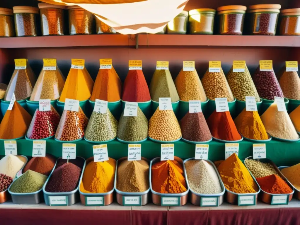 Un mercado de especias en Marruecos con patrones culinarios vibrantes y una atmósfera animada llena de colores, aromas y tradiciones culinarias