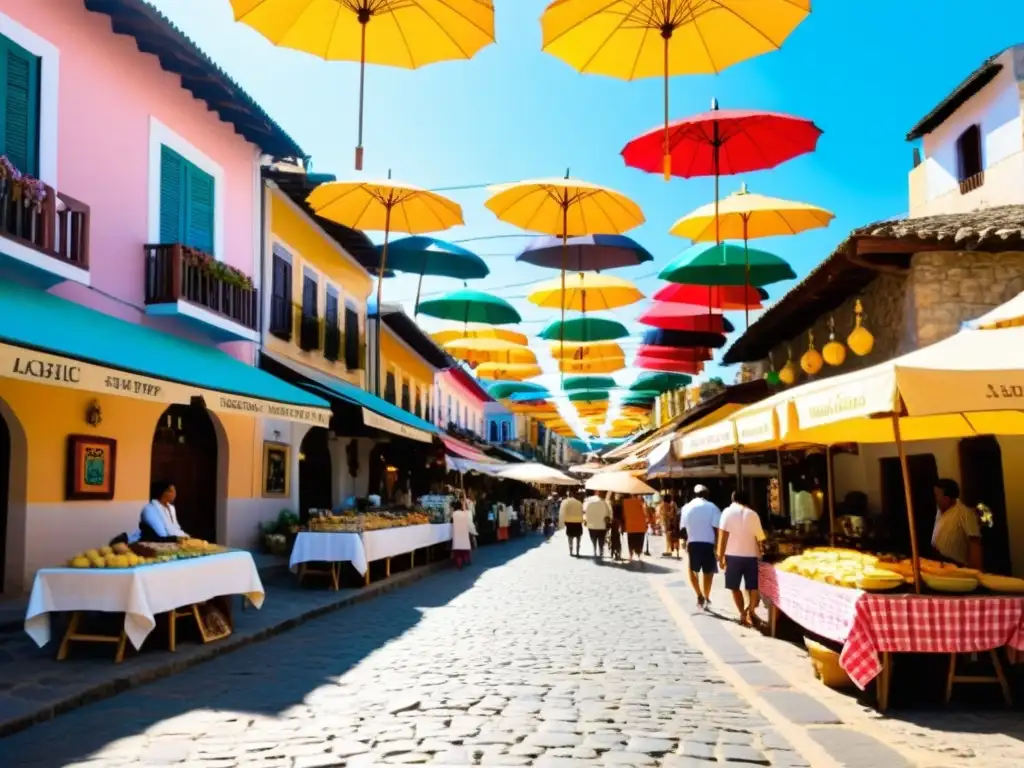 Mercado lleno de vida en un pueblo histórico, con artesanos locales vendiendo coloridos textiles, cerámica y obras de arte bajo sombrillas vibrantes