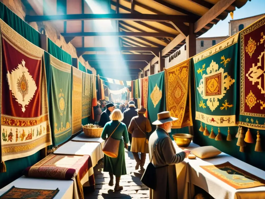 Un mercado medieval bullicioso con artesanos tejiendo y compradores negociando, bañado en una cálida luz dorada