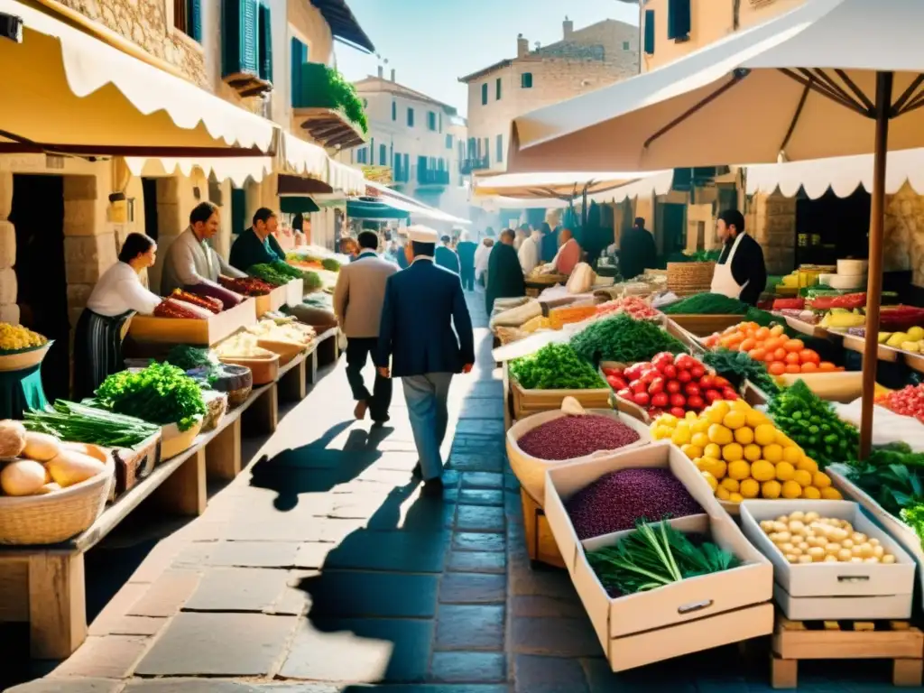 Un mercado mediterráneo bullicioso con puestos de productos frescos, especias y utensilios de cocina