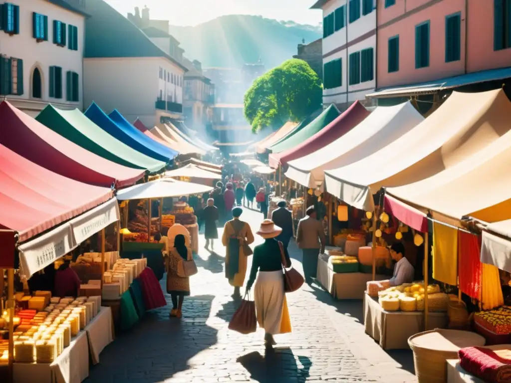 Mercado multicultural con diseños únicos en textiles de todo el mundo, reflejando la diversidad y el intercambio cultural