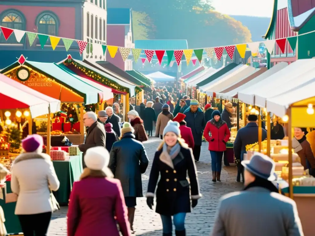 Mercado navideño con patrones festivos para campañas de marketing, ambiente alegre y nostálgico de compras festivas