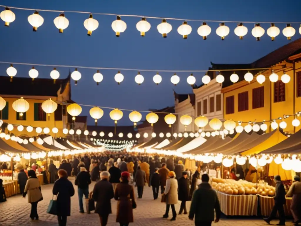Luces y linternas en mercado nocturno Un mercado nocturno con patrones en iluminaciones festivas, creando una atmósfera cálida y nostálgica