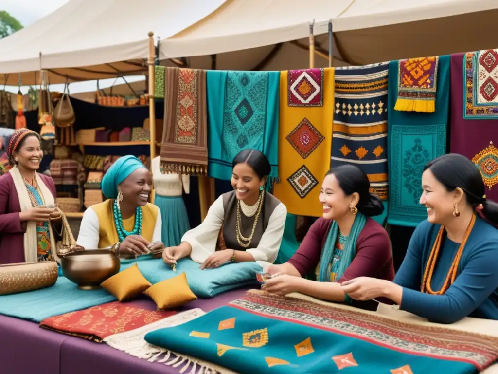 Un mercado con patrones culturales en el merchandising, donde la diversidad y el intercambio de historias se entrelazan en vibrantes colores