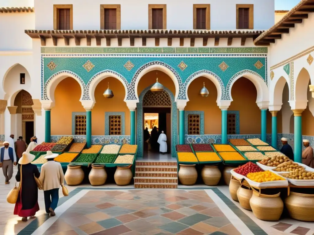 Mercado Renacentista en Andalucía: Mosaicos Árabes y Animada Vida Comercial Un mercado renacentista en Andalucía con influencia del mosaico árabe, bañado por cálida luz, colores vibrantes y patrones geométricos