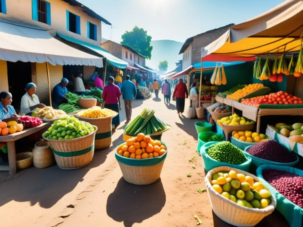 Mercado rural vibrante: frutas, verduras y artesanías coloridas Un mercado rural bullicioso con vendedores locales y clientes diversos