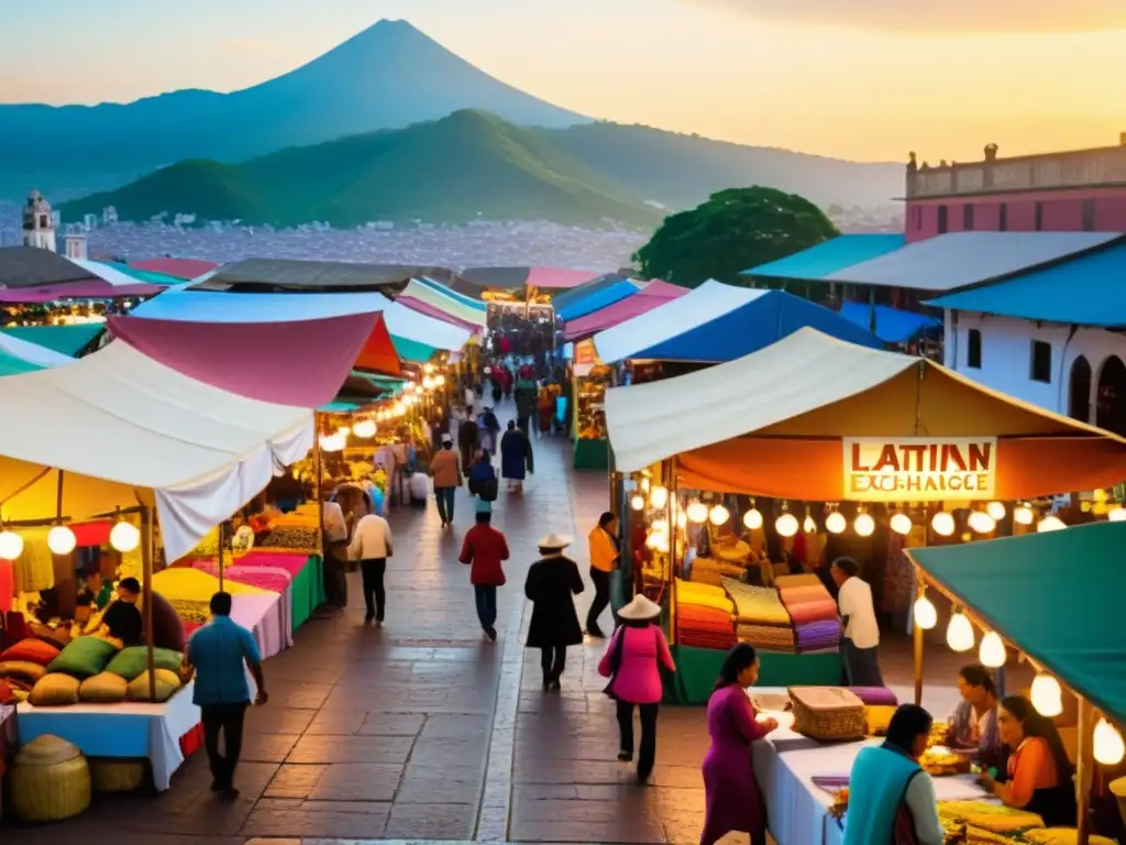 Un mercado vibrante en una ciudad latinoamericana con tejidos y artesanías