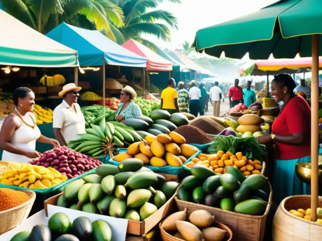 Mercado caribeño: colores, sabores y cultura Un mercado vibrante en el Caribe con patrones rítmicos cocina afrocaribeña, colores y productos frescos