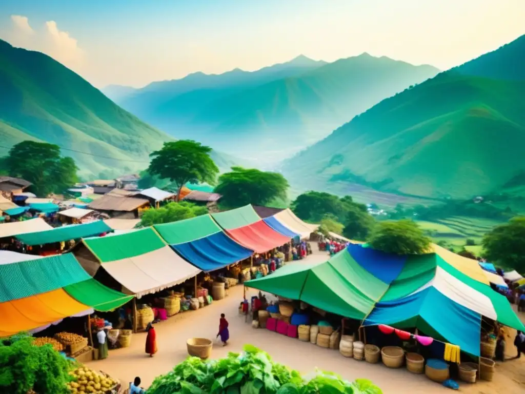 Mercado vibrante en un pueblo remoto, con patrones de diseño vernáculo sostenible, colores vivos y vida comunitaria rica