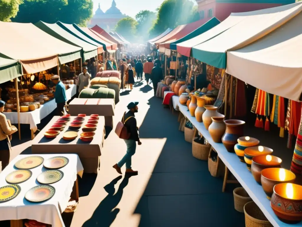 Mercado vibrante con textiles y arte tradicional de todo el mundo Un mercado vibrante repleto de diseños culturales comercio global, textiles tradicionales y arte colorido, bajo el cálido sol