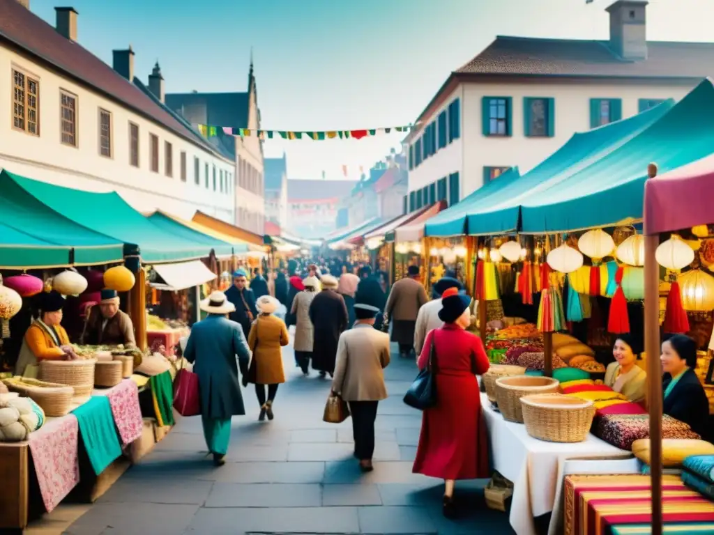 Un mercado vintage bullicioso, con gente de diversas culturas y productos únicos en exhibición