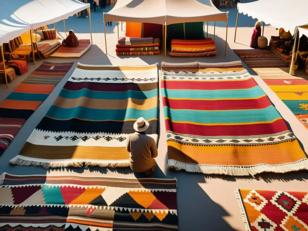 Un mercado vintage lleno de coloridas y detalladas alfombras kilim