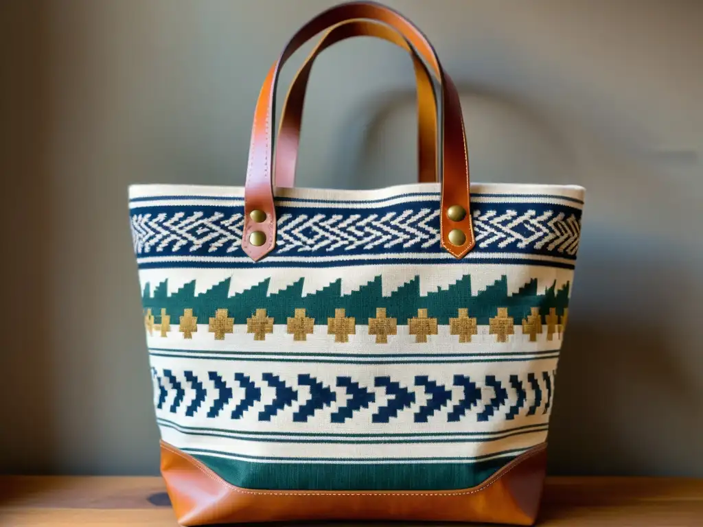 Merchandising con patrones étnicos auténticos: Bolso vintage con diseños étnicos en tonos terrosos, tejido a mano en algodón orgánico y cuero envejecido, evocando tradición y artesanía