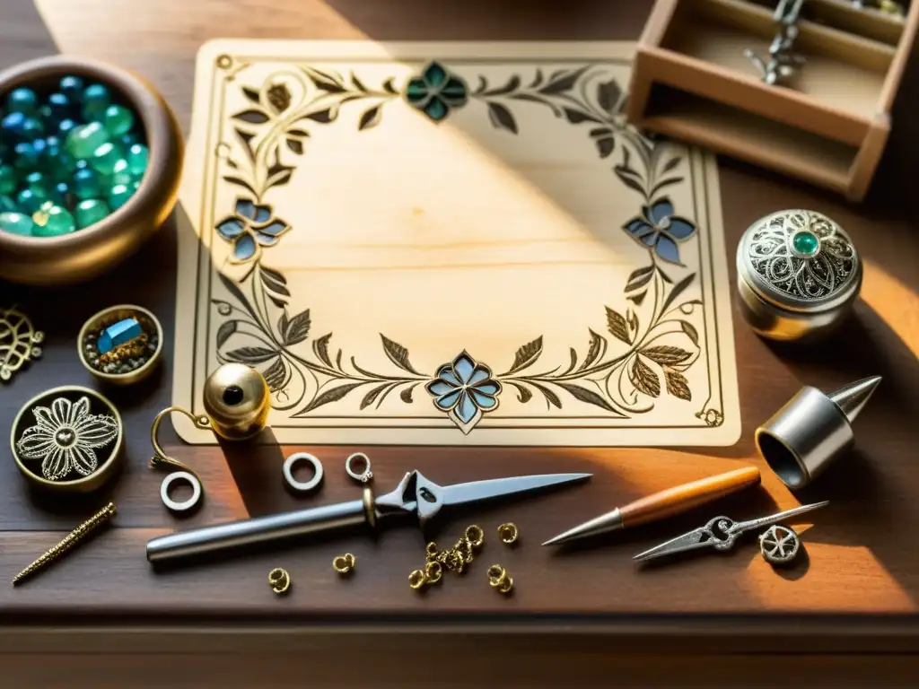 Mesa de artesanía de joyería vintage con herramientas y materiales detallados, bañada en cálida luz natural