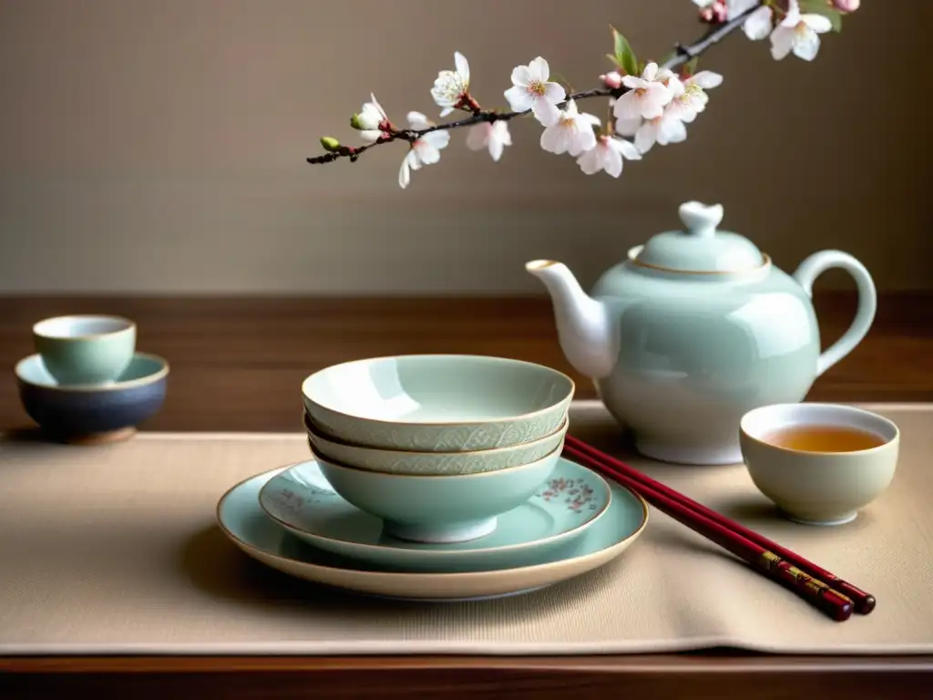 Arte asiático contemporáneo en mesa vintage Una mesa asiática contemporánea con patrones de vajilla delicados y elegantes, evocando un ambiente refinado y cultural