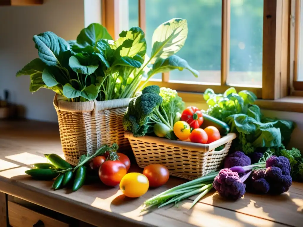 Una mesa de cocina rústica llena de vegetales frescos y coloridos