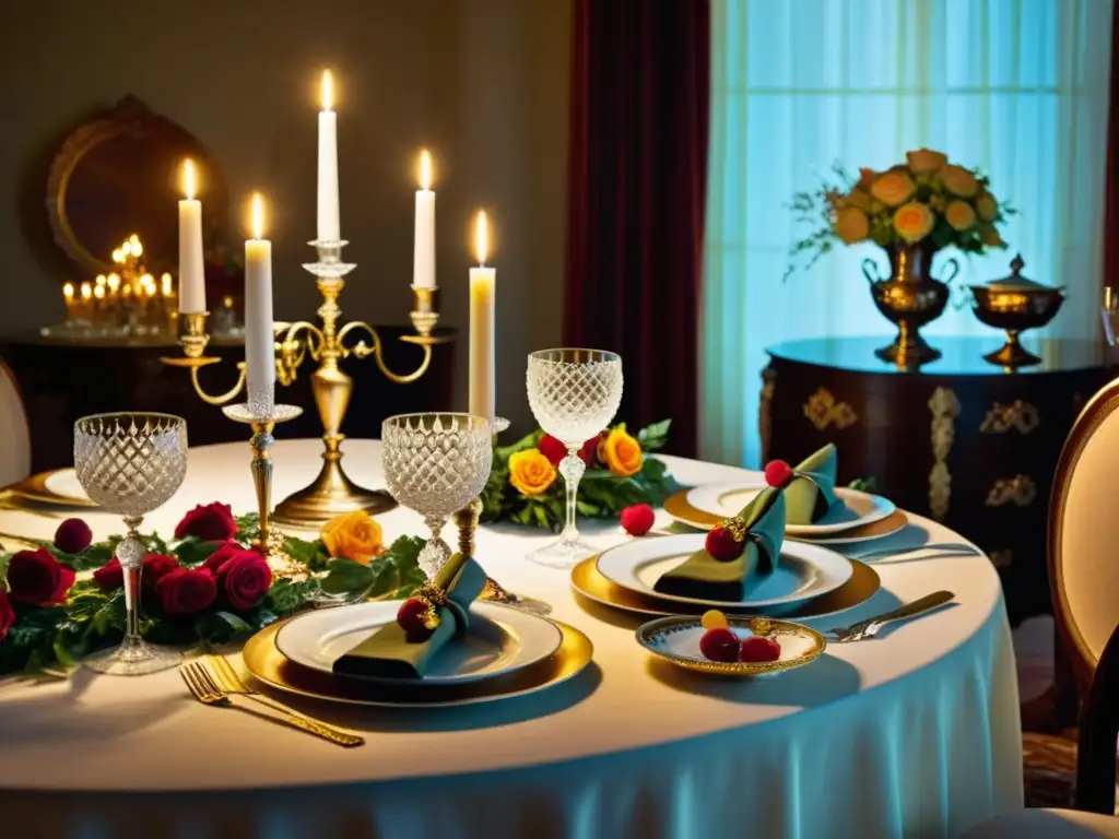 Una mesa de comedor lujosamente puesta con vajilla fina, cubiertos ornamentados y exquisitos platillos