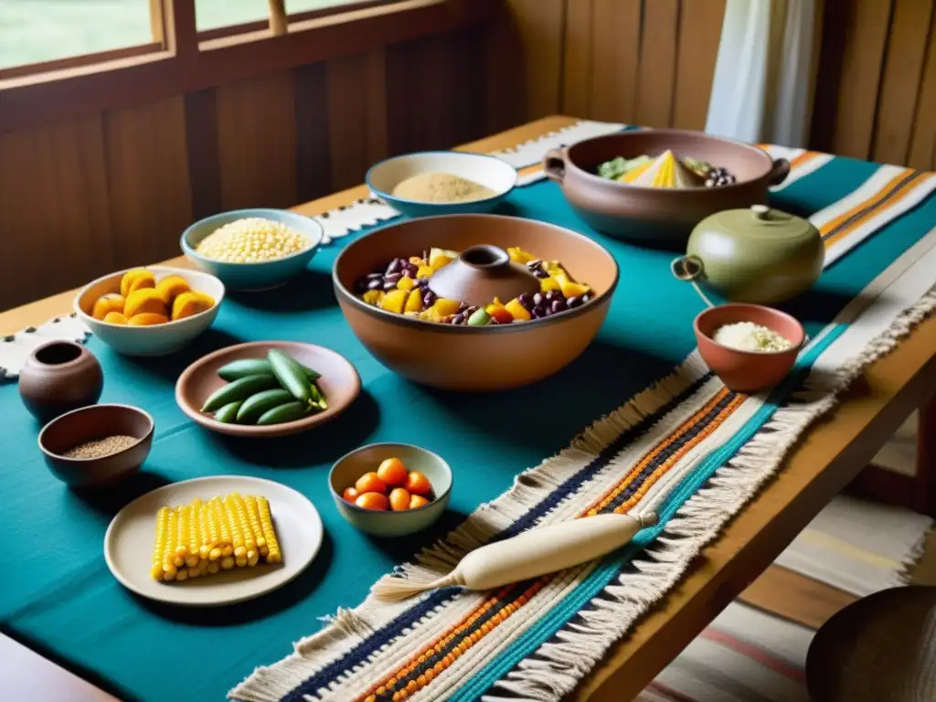 Una mesa bellamente decorada con cerámica y textiles nativos americanos, rodeada de personas disfrutando de una comida ancestral de colores vibrantes