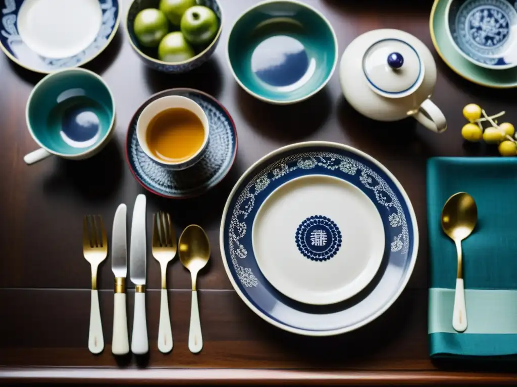 Exquisita vajilla asiática en mesa vintage Una mesa bellamente decorada con vajilla asiática contemporánea, resaltando patrones y colores vibrantes