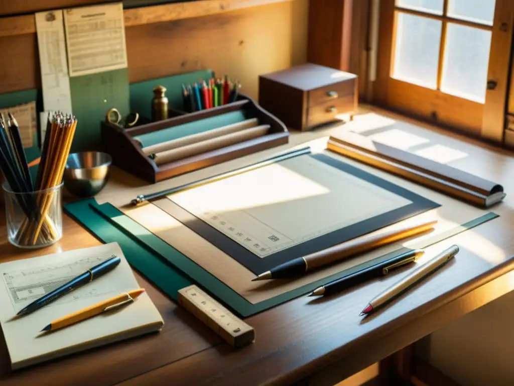 Una mesa de dibujo vintage con herramientas de diseño y certificaciones, bañada por cálida luz natural