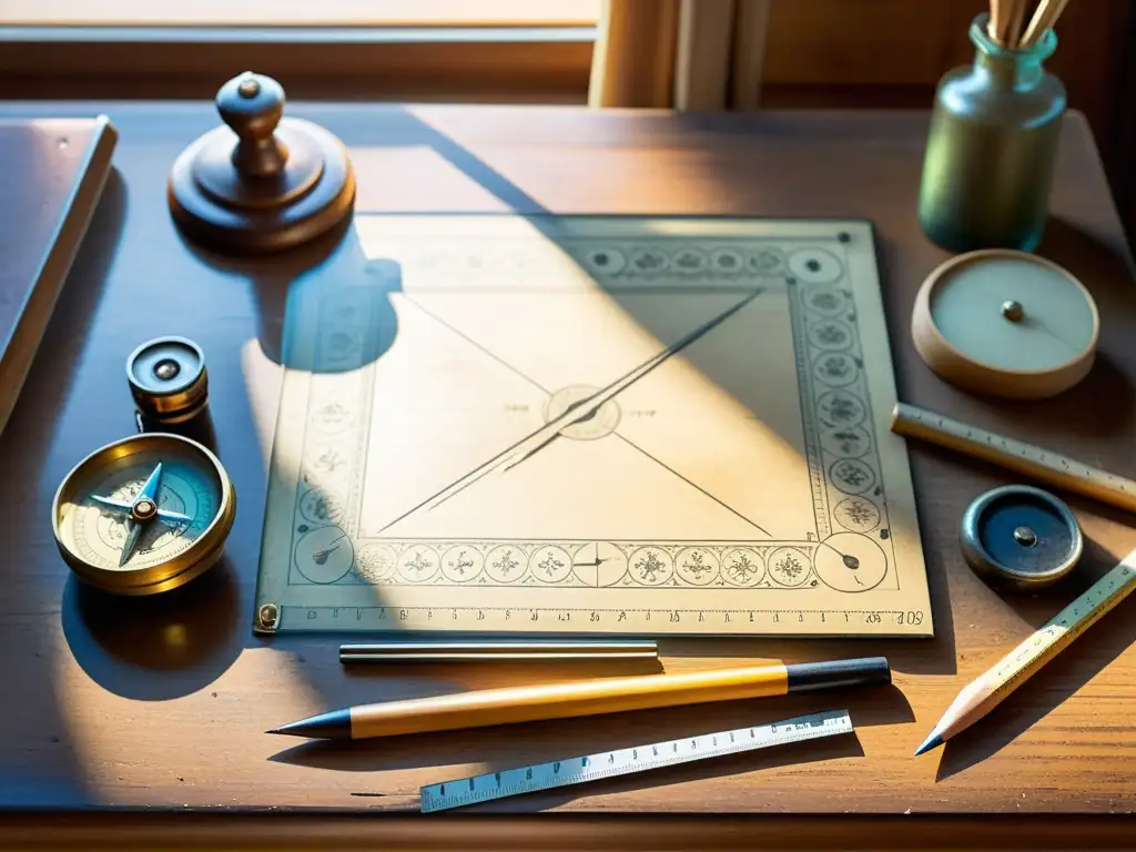 Una mesa de dibujo vintage con patrones e instrumentos de dibujo, bañada en cálida luz natural