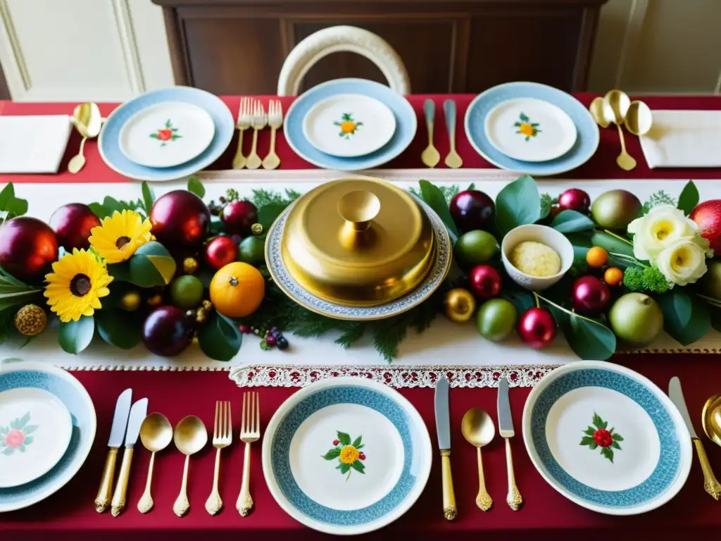 Una mesa festiva bellamente decorada con patrones de presentación de alimentos tradicionales en tonos cálidos y nostálgicos