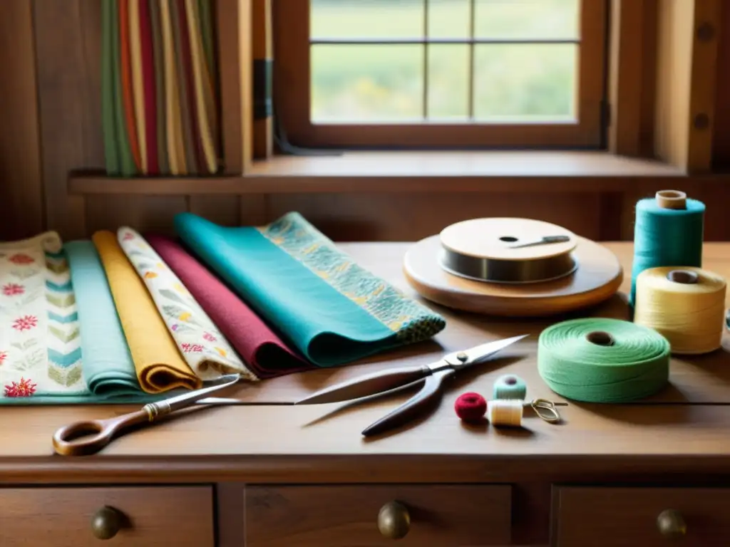 Una mesa de madera antigua cubierta con materiales textiles, agujas, hilos y tijeras vintage, iluminada por una cálida luz