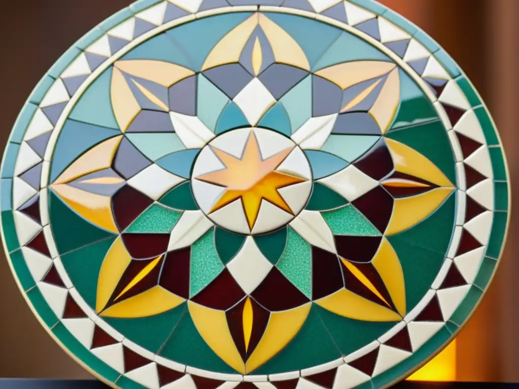 Una mesa de mosaico con patrones geométricos en tonos tierra, evocando la elegancia y el significado de la geometría sagrada en un hogar árabe